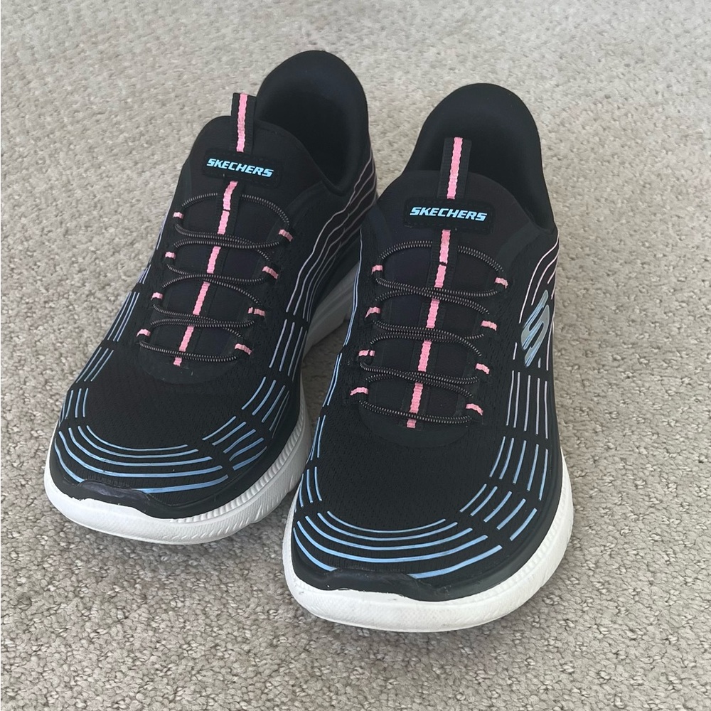 Size 8 Women’s Skechers Black and Blue,Pink Slip in Shoes